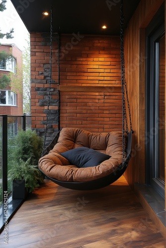 Cozy swing chair relaxation modern balcony interior design urban setting photo