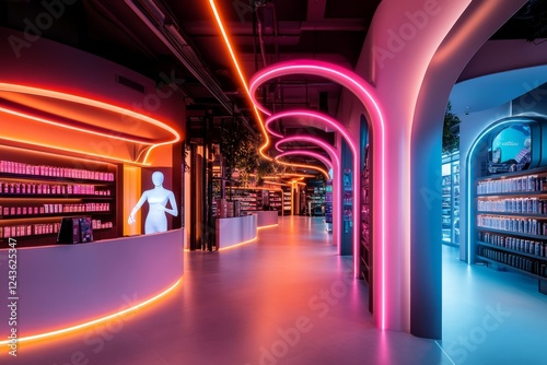 A cyberpunk-style duty-free store glowing with neon lights, where holographic assistants help travelers choose the best tax-free deals photo