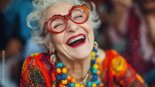 Joyful elderly woman with stylish red glasses and colorful accessories laughing with happiness, embracing life and positivity in a vibrant and cheerful setting