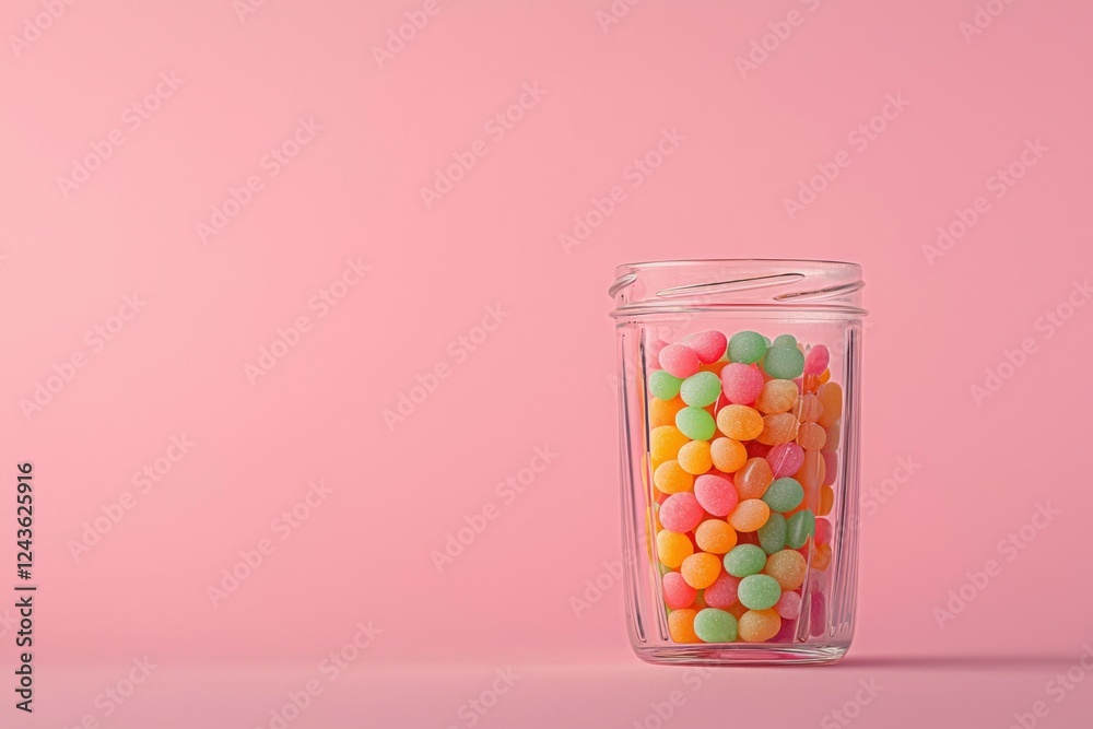 Colorful Candies in a Glass Jar on Pink Background Colorful Candies in a Glass Jar on Pink Background