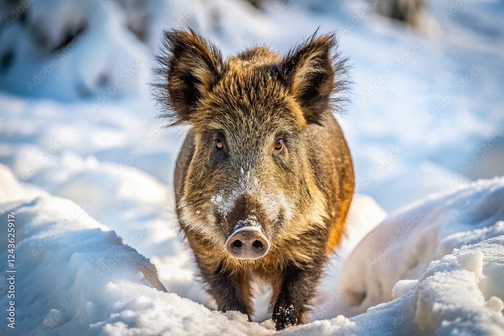 Aerial View of Wild Boar in Snowy Landscape - Wildlife Photography Aerial View of Wild Boar in Snowy Landscape - Wildlife Photography