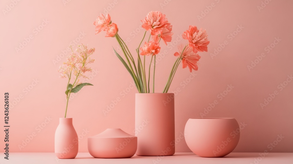 Elegant arrangement of coral flowers in soft-toned vases on a pastel coral background Elegant arrangement of coral flowers in soft-toned vases on a pastel coral background