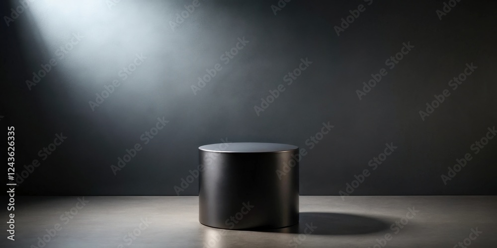 Dark cylindrical pedestal in a minimalist setting with dramatic lighting Dark cylindrical pedestal in a minimalist setting with dramatic lighting