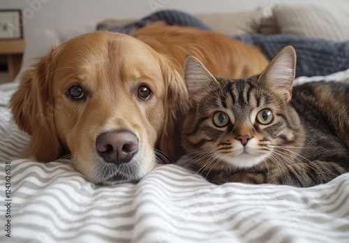 Wallpaper Mural Cute golden retriever and fluffy tabby cat relaxing together on a cozy bed, showcasing their friendship and calm demeanor in a comfortable indoor setting Torontodigital.ca