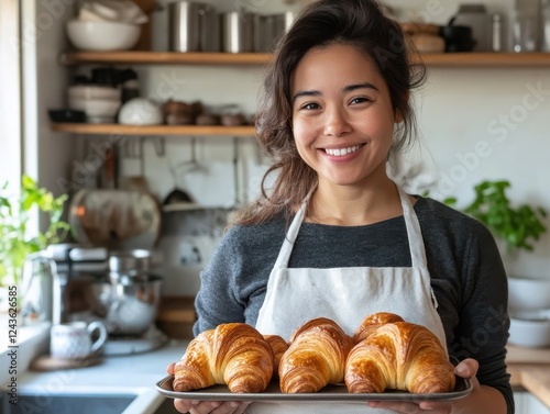 Baker smiles while showcasing freshly baked golden croissants in a cozy kitchen filled with sunlight