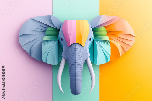 Elephant head closeup colourful symmetrical wall art pink, yellow, grey, tusks trunk, memory remembering matriarch 