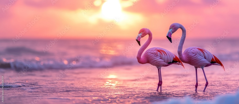Fototapeta premium Pink flamingos sunset beach romance