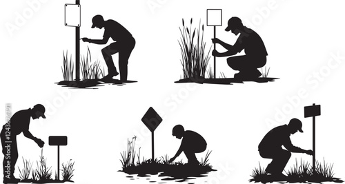 Silhouette of a person installing a wetland restoration sign vector silhouette