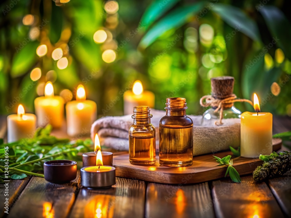 Aerial View: Tranquil Aromatherapy Spa Setup with Essential Oils & Candles Aerial View: Tranquil Aromatherapy Spa Setup with Essential Oils & Candles