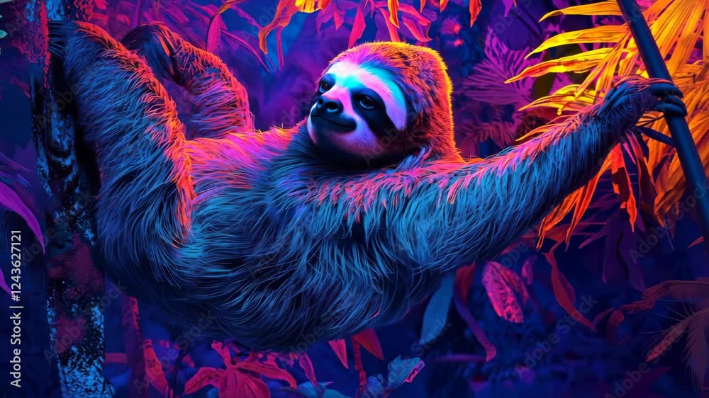 Vibrant sloth joyfully swinging through enchanted neon jungle