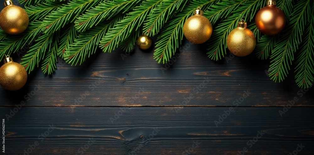 Evergreen branches with golden ornaments on dark wooden table, evergreen, green, ornaments Evergreen branches with golden ornaments on dark wooden table, evergreen, green, ornaments
