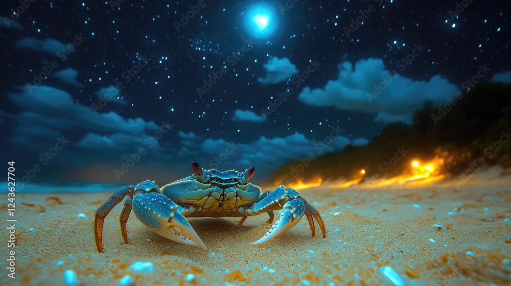 A crab on a sandy beach under a starry night sky with distant lights illuminating the shore A crab on a sandy beach under a starry night sky with distant lights illuminating the shore