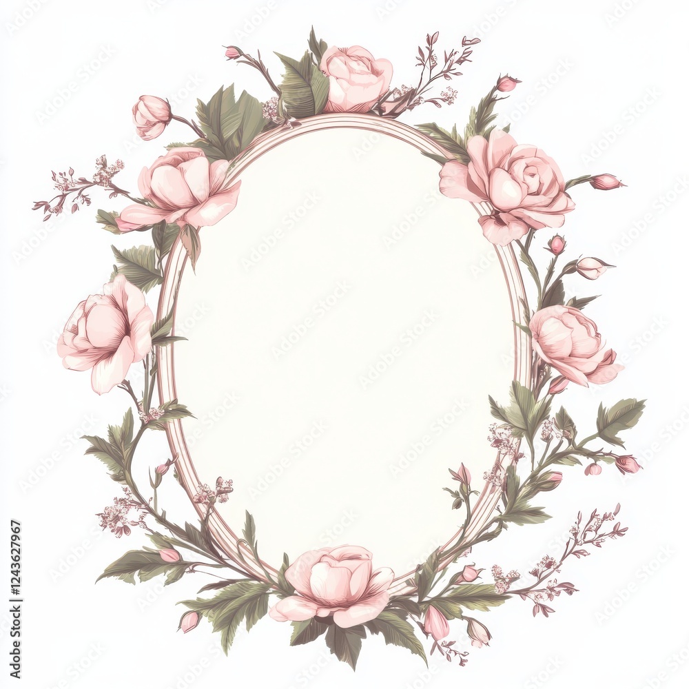 Fototapeta premium Delicate floral garland featuring pink roses and greenery in an oval design suitable for various decorative uses