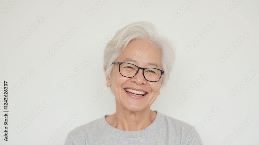 Smiling elderly woman with gray hair and glasses against light background