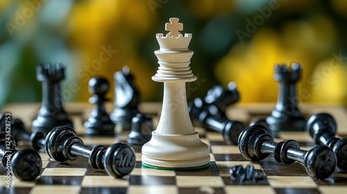 White chess king standing tall among fallen black pawns on a chessboard, symbolizing victory, success, and overcoming challenges in strategic games or competitive scenarios.