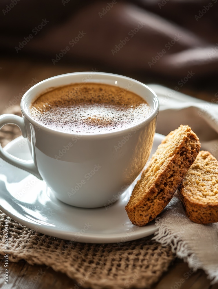 Warm espresso in a white cup accompanied by crunchy biscuits on a rustic wooden table Warm espresso in a white cup accompanied by crunchy biscuits on a rustic wooden table