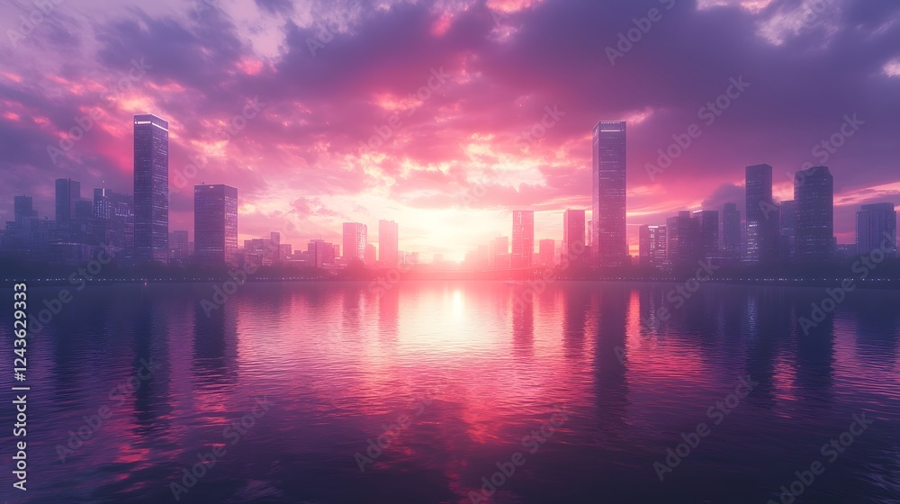 Fototapeta premium Futuristic City Skyline Reflected in River with Dramatic Purple Sunset Sky