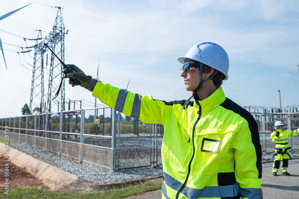 Engineer with radio at wind turbine site Engineer with radio at wind turbine site