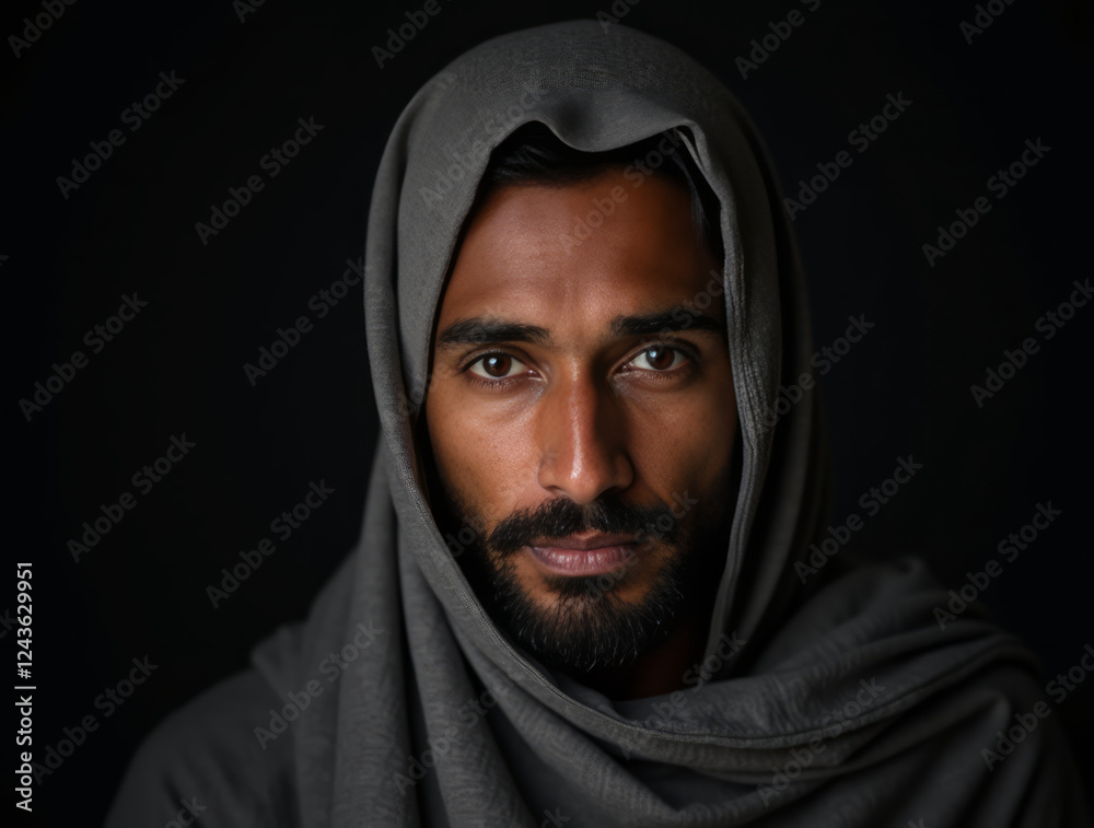 Portrait of a Man with a Calm and Serene Expression, Dressed in a Traditional Head Covering Portrait of a Man with a Calm and Serene Expression, Dressed in a Traditional Head Covering