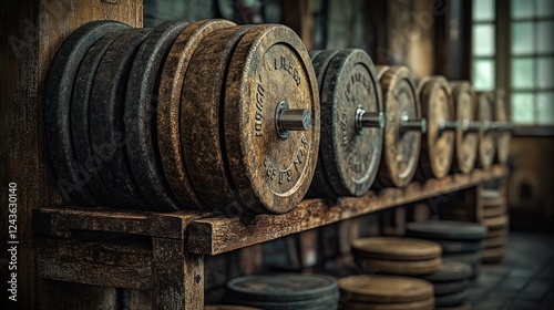 Antique wooden weights rack, rustic gym, old building, history, fitness photo