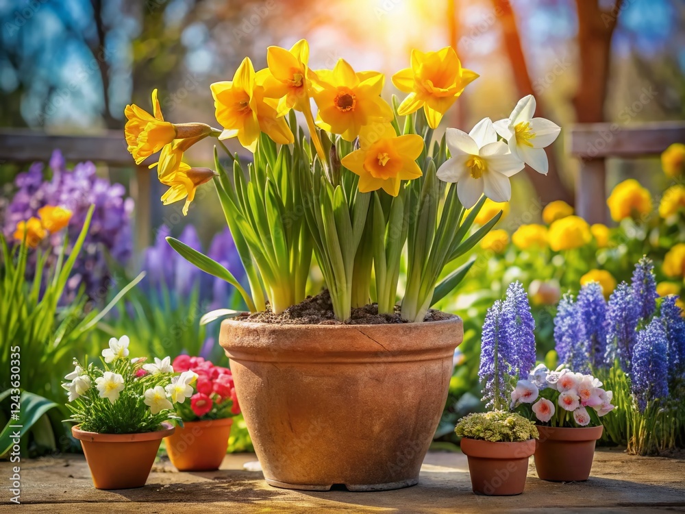 Spring Blooms: Daffodils and Hyacinths in a Garden Pot - Vibrant Documentary Style Photography Spring Blooms: Daffodils and Hyacinths in a Garden Pot - Vibrant Documentary Style Photography