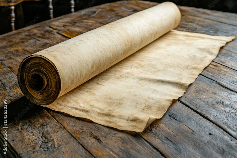 Aged parchment scroll unfurling on wooden table Aged parchment scroll unfurling on wooden table