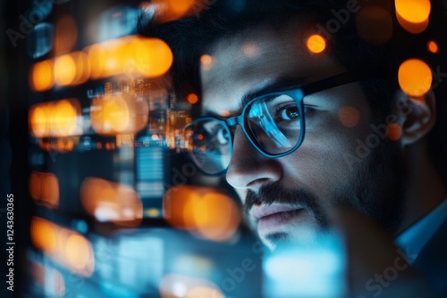 A forensic accountant discovering taxpayer fraud, reviewing flagged transactions on a computer, serious expression