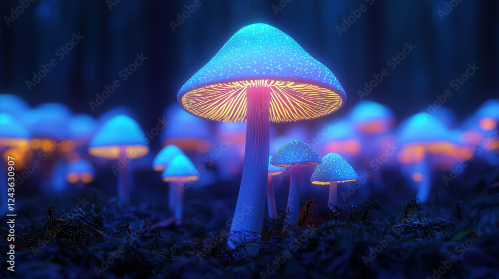 Fototapeta premium Glowing mushrooms illuminate mystical forest at twilight