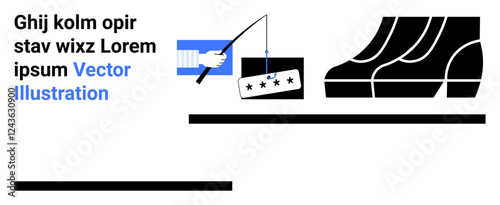 Hand with fishing rod presents star rating card, suggesting feedback or bait next to walking feet. Ideal for marketing, feedback, navigation, influence, strategy, attraction, flat landing page banner