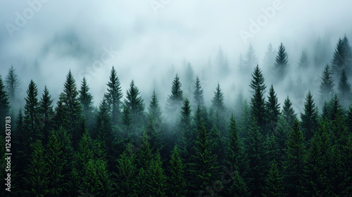 Foggy pine forest with eerie atmosphere and mysterious vibe