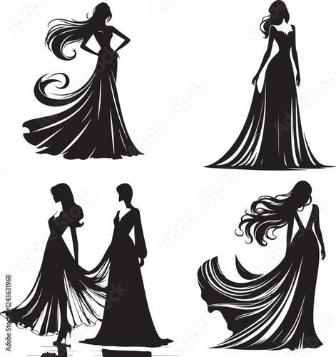 Maxi Dresses black and white silhouette, Illustrations of Flowing Floor-Length Maxi Dresses