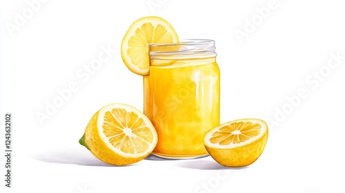 Refreshing Lemonade in a Mason Jar - A mason jar filled with bright yellow lemonade, accompanied by fresh lemon slices. Perfect for summer.