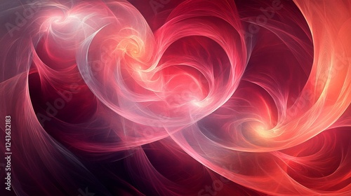 Abstract Valentines Day design with flowing auroral patterns in crimson and peach forming swirling rings that represent the energy and movement of love no people