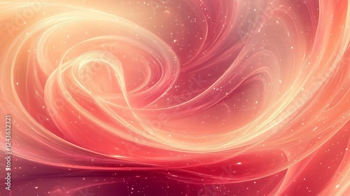 Abstract Valentines Day design with flowing auroral patterns in crimson and peach forming swirling rings that represent the energy and movement of love no people