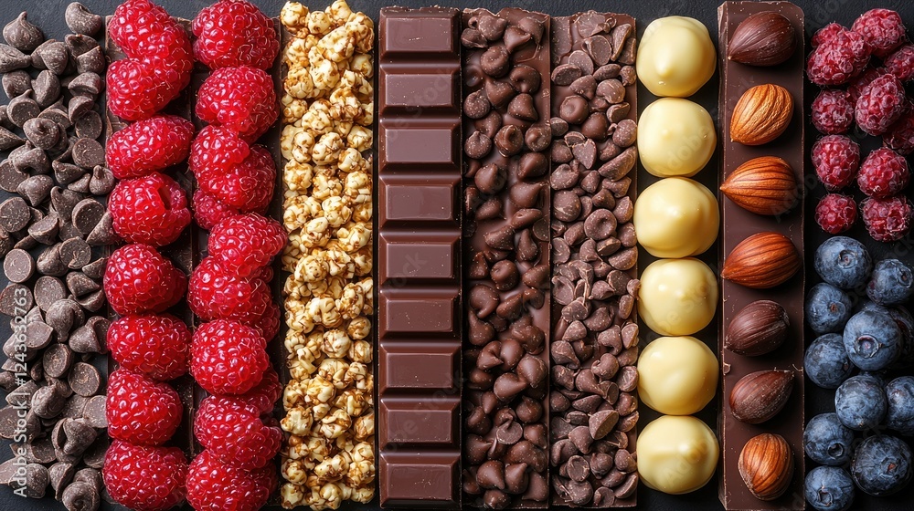 Assorted chocolates raspberries blueberries and nuts arranged in rows Assorted chocolates raspberries blueberries and nuts arranged in rows