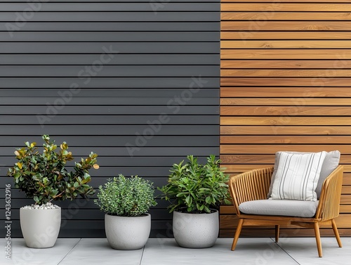 Modern patio with minimalist planters and sustainable outdoor furniture photo