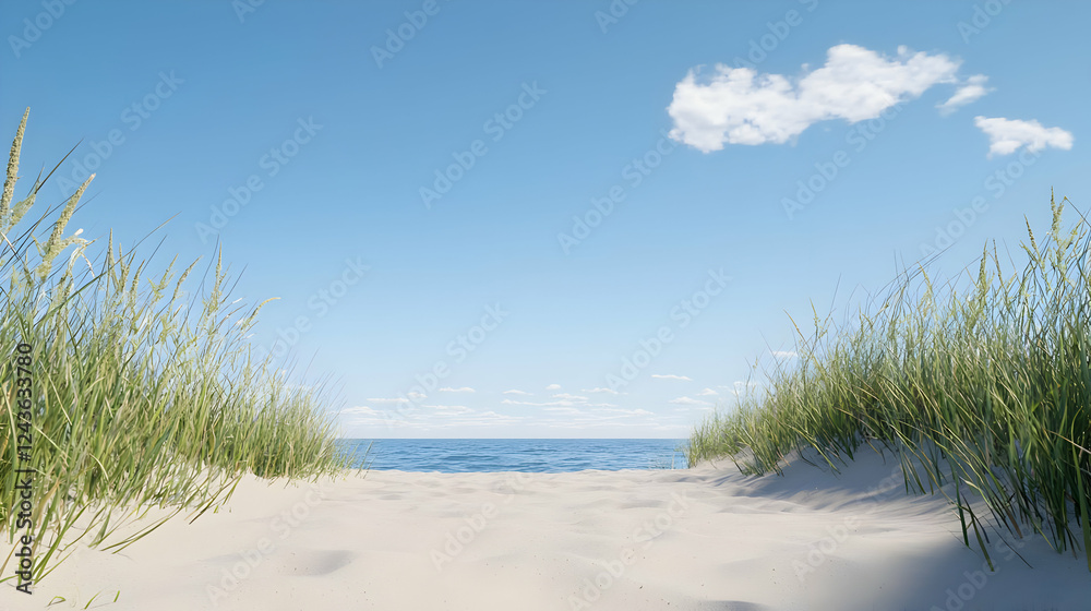 Scenic Beach Pathway with Grass Leading to Tranquil Ocean View Scenic Beach Pathway with Grass Leading to Tranquil Ocean View