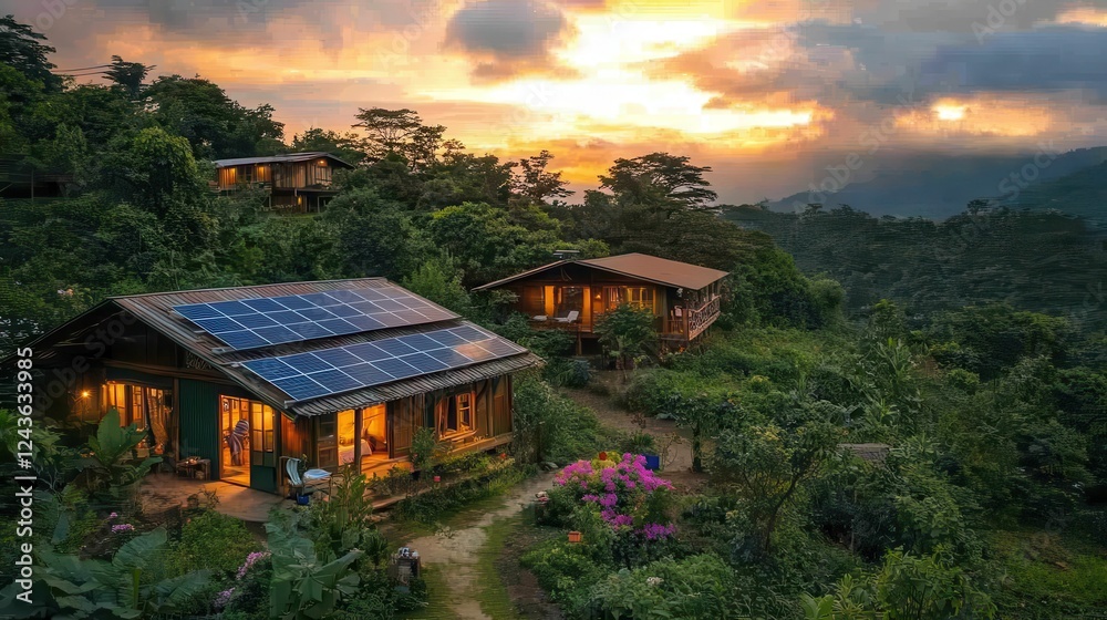 Serene eco-lodge experience in lush surroundings at sunset in the mountains Serene eco-lodge experience in lush surroundings at sunset in the mountains