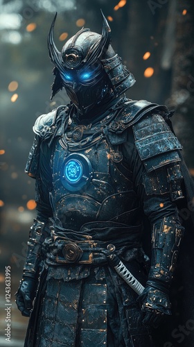 A mysterious armored warrior stands in a misty forest, illuminated by glowing blue eyes and chest emblem