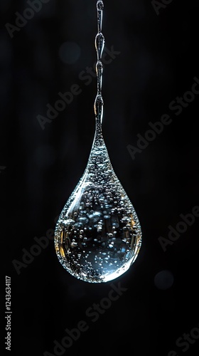 A crystal-clear water droplet suspended against a dark background, capturing light reflections