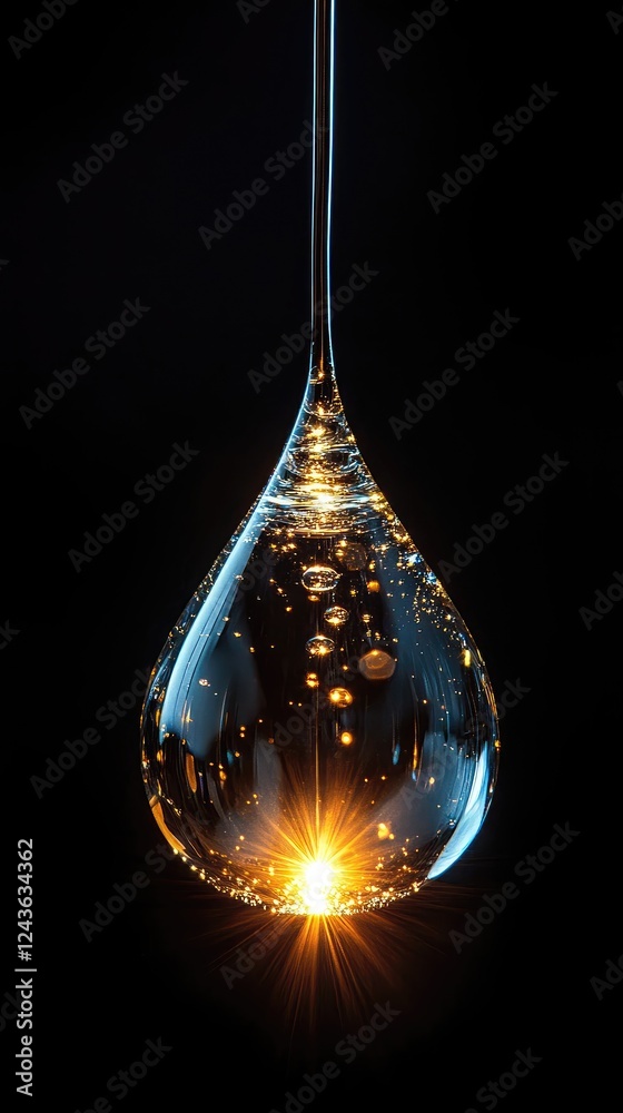 A shimmering drop of liquid suspended in darkness, capturing light and bubbles within A shimmering drop of liquid suspended in darkness, capturing light and bubbles within
