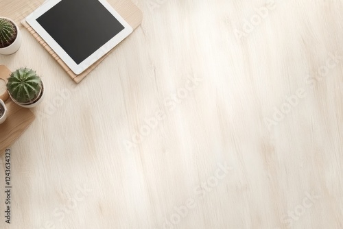 Elegantly arranged workspace features a tablet, a notebook, and a small cactus on a light wood surface, creating a serene and tidy atmosphere for productivity photo