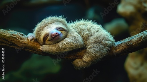 A cute sloth peacefully resting on a branch in a lush, vibrant environment, showcasing tranquility