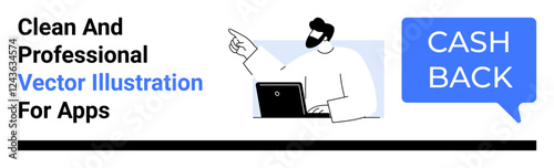 Man pointing while using laptop with bold Cash Back speech bubble. Ideal for e-commerce, apps, fintech, sales, rewards, promotions, and business development. Modern flat landing page banner