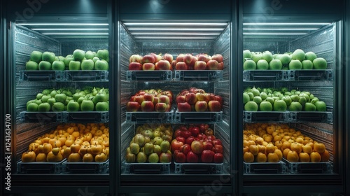 Apples, oranges, refrigerated display, grocery, produce, night photo