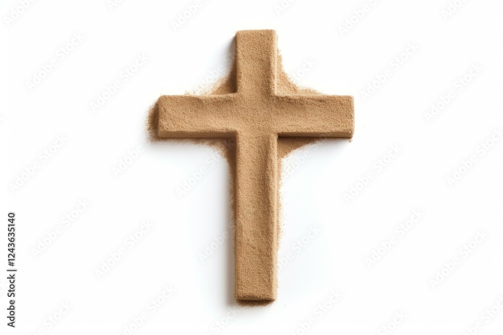 Christian cross made of sand resting on a white background, representing faith, spirituality, and religion Christian cross made of sand resting on a white background, representing faith, spirituality, and religion
