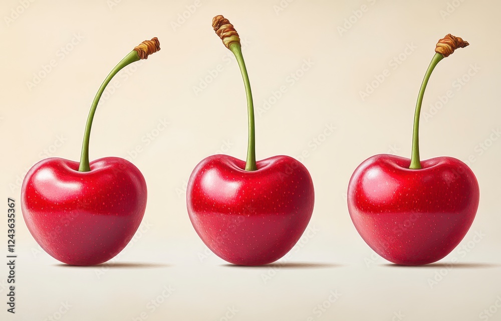 Three ripe red cherries with green stems arranged in a row against a light beige background. Image features a subtle sparkle effect Three ripe red cherries with green stems arranged in a row against a light beige background. Image features a subtle sparkle effect
