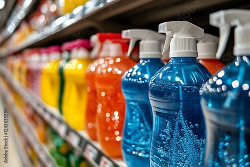 Colorful cleaning product bottles on supermarket shelf.