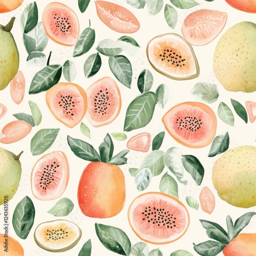 Colorful watercolor doodle featuring a variety of playful fruits and leaves in whimsical designs photo