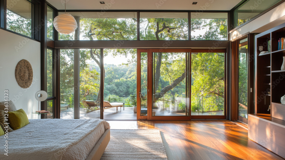 Fototapeta premium Modern bedroom with large windows and wooden floor, offering serene views